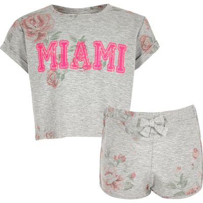 Girls grey floral crop top and shorts set